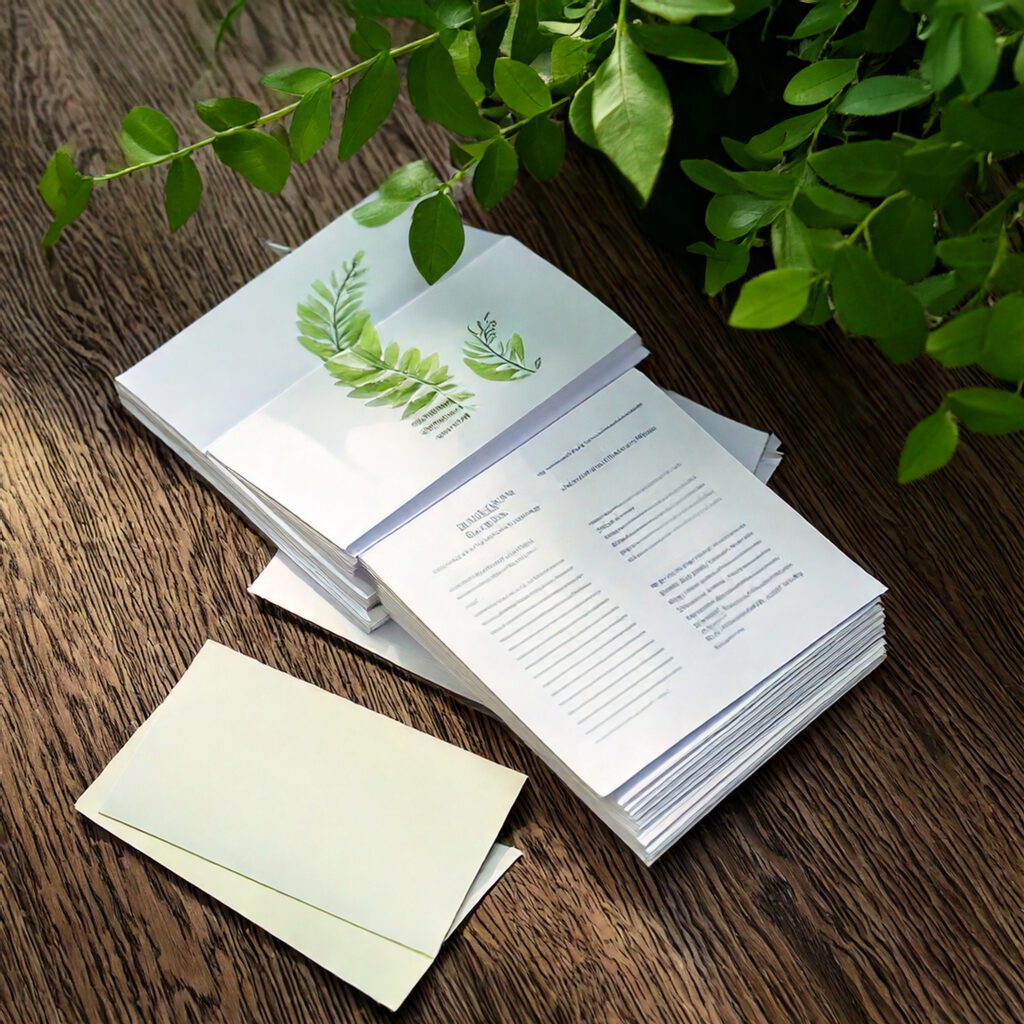 Firefly-Visitenkarten-und-Flyer-die-auf-einem-Tisch-liegen.-Pflanzen-ragen-darueber-37170 Druckprodukte neben einer Pflanze